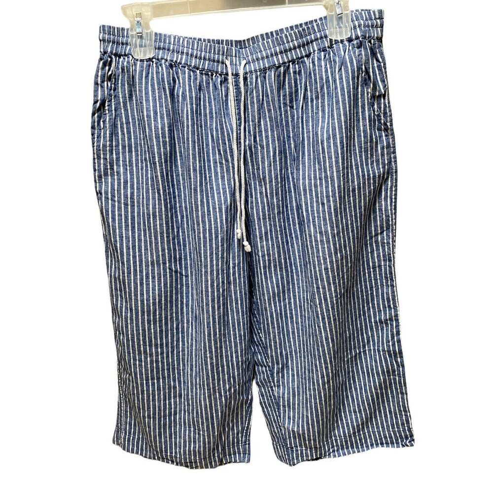 Blue White Striped Linen Blend Capri Gaucho Bennett Pants Sz XL Coastal Maritime